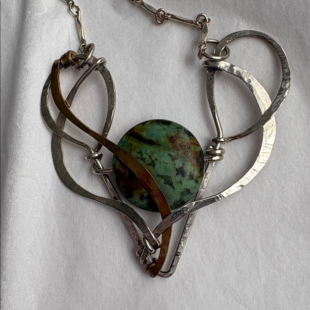 NWT "Art by Any Mens" Silver and Brass Necklace with Green Turquoise Stone